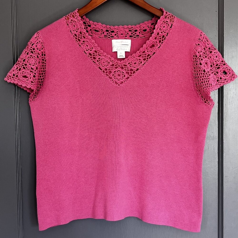 Vintage Christopher & Banks Hand Crochet Pink Short Sleeve Top Women's Large L